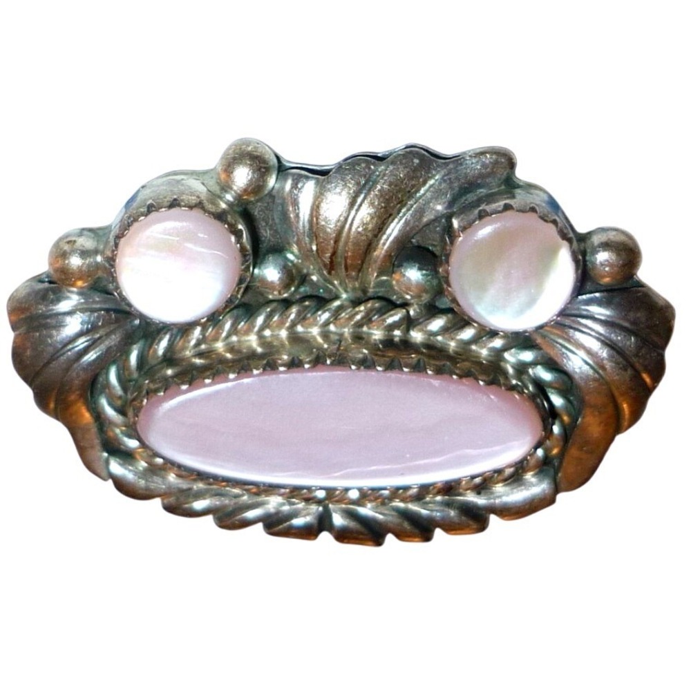 Vintage Sterling Silver Mother of Pearl Brooch Pin Iridescent MOP Cabochon